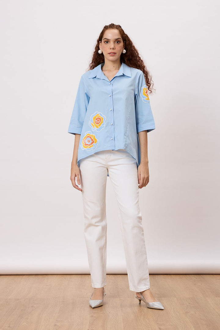 Sienna Applique Shirt A asymmetrical hem button down shirt