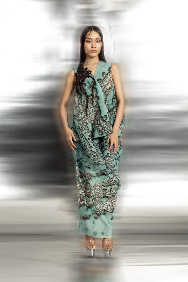 Draped dress with 3D embellishment detailing