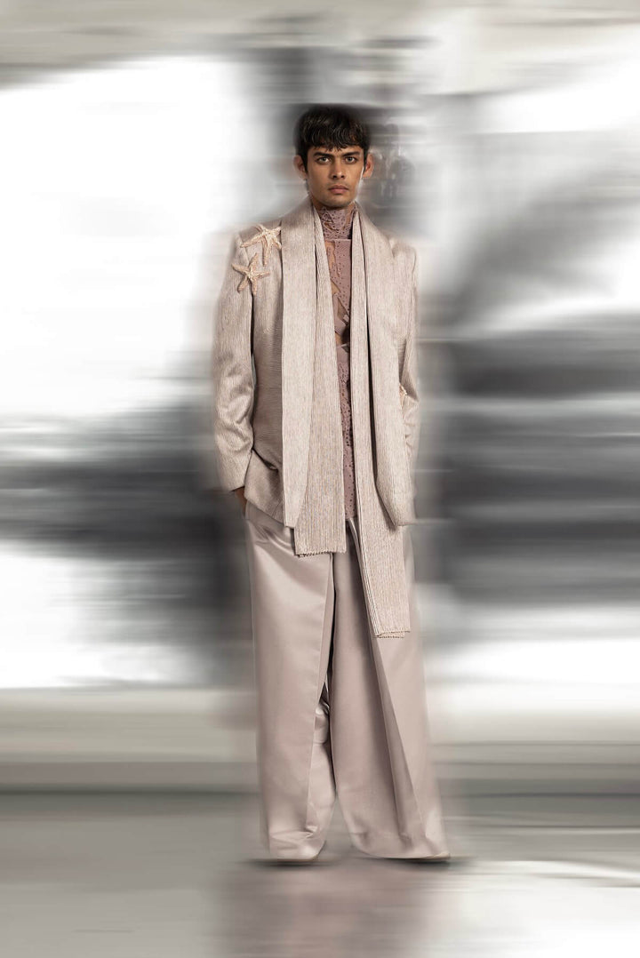 Extended shawl collar Jacket, wide hem Trouser, Embroidered  T-shirt, Stole