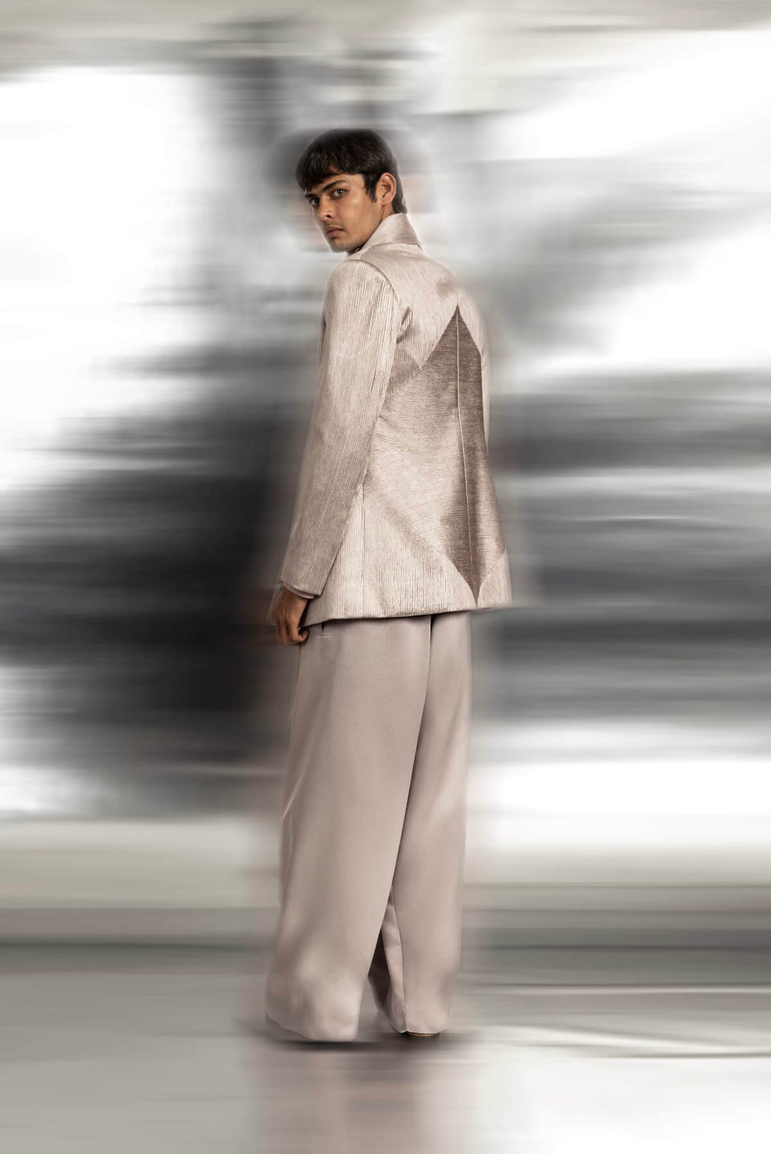 Extended shawl collar Jacket, wide hem Trouser, Embroidered  T-shirt, Stole