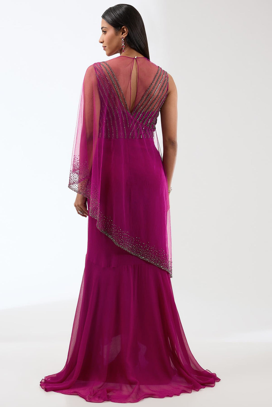 Silk Chiffon Draped Gown With Ruffles And Intricate Embroidery