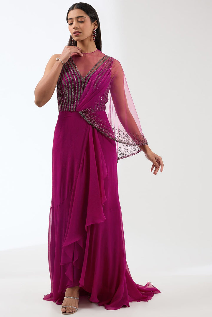 Silk Chiffon Draped Gown With Ruffles And Intricate Embroidery