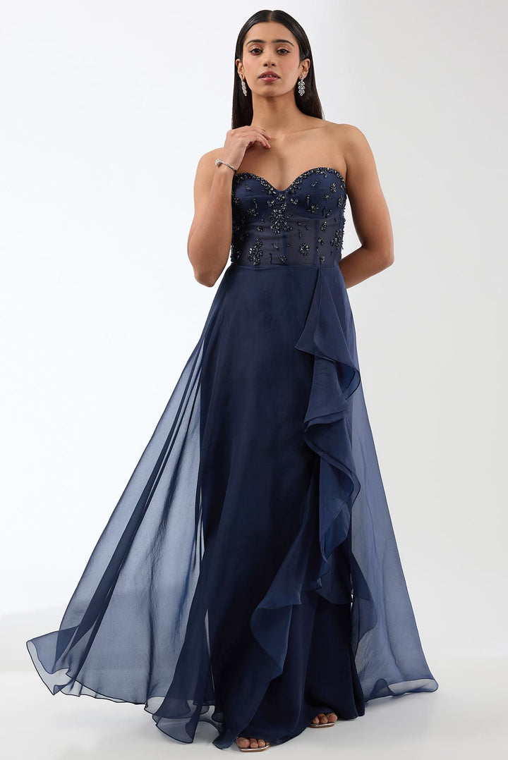 Crystally Silk Organza Corset Gown With Draped Bottom