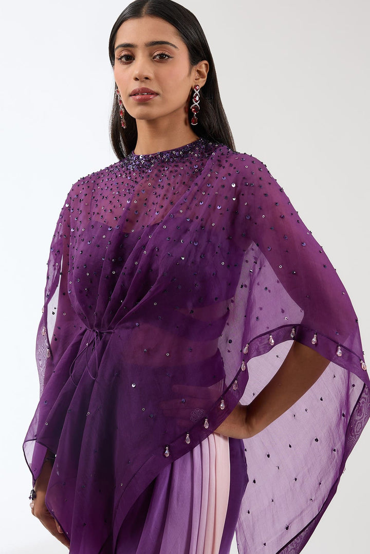 Embroidered Silk Cape With Dreaped Ombre Skirt And Bustier Set