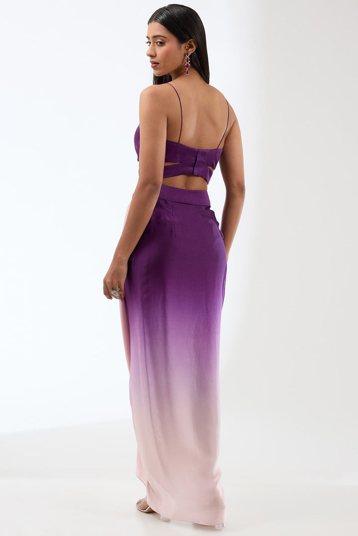 Embroidered Silk Cape With Dreaped Ombre Skirt And Bustier Set