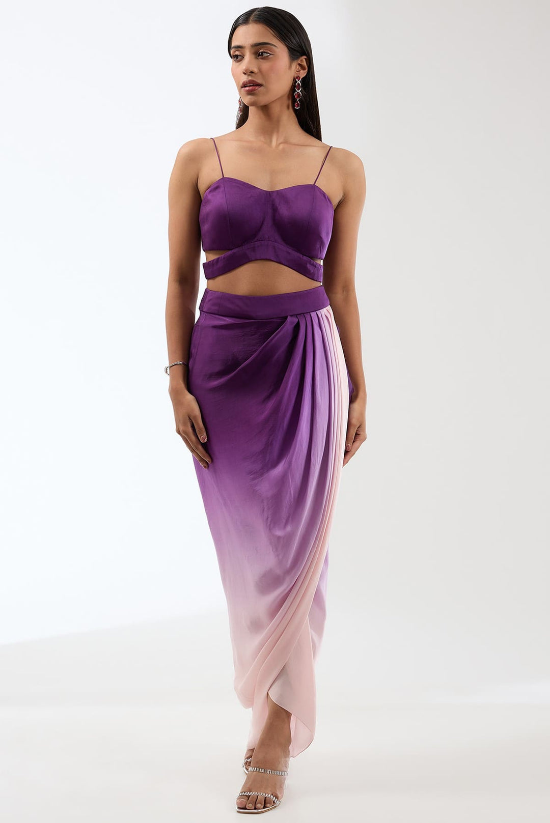 Embroidered Silk Cape With Dreaped Ombre Skirt And Bustier Set