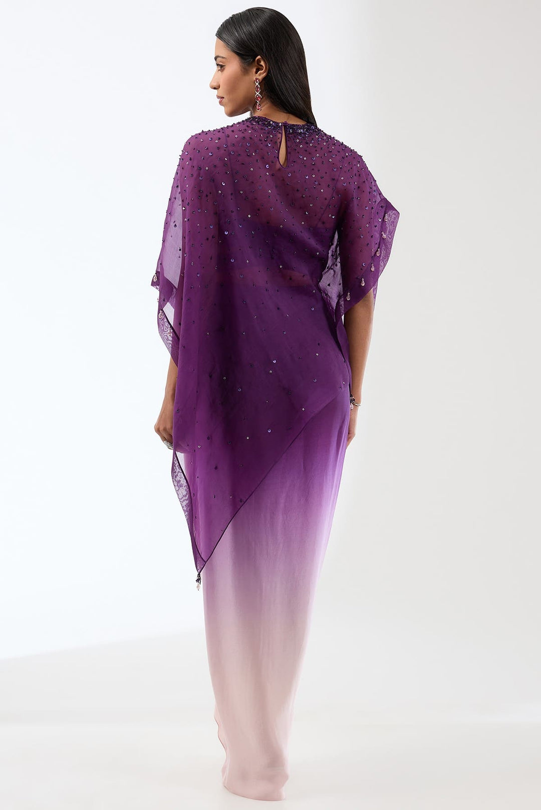 Embroidered Silk Cape With Dreaped Ombre Skirt And Bustier Set