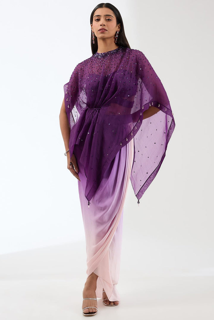 Embroidered Silk Cape With Dreaped Ombre Skirt And Bustier Set