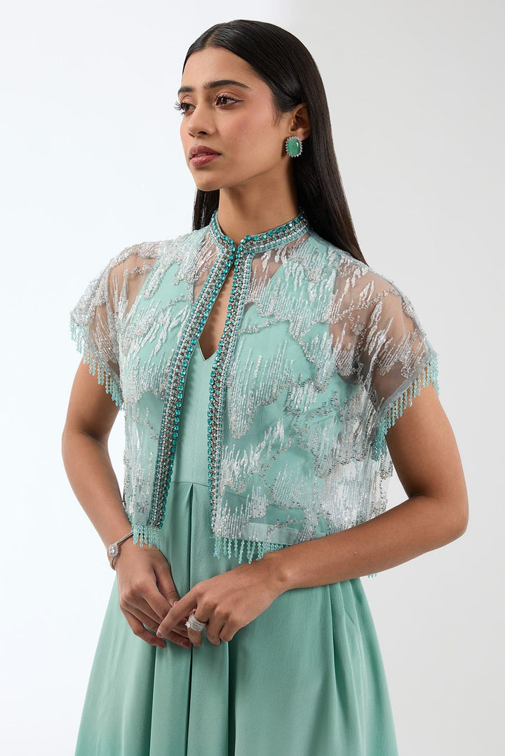 Ombre Asymetric Dress In Silk Crepe With Heavily Embroidered Short Cape