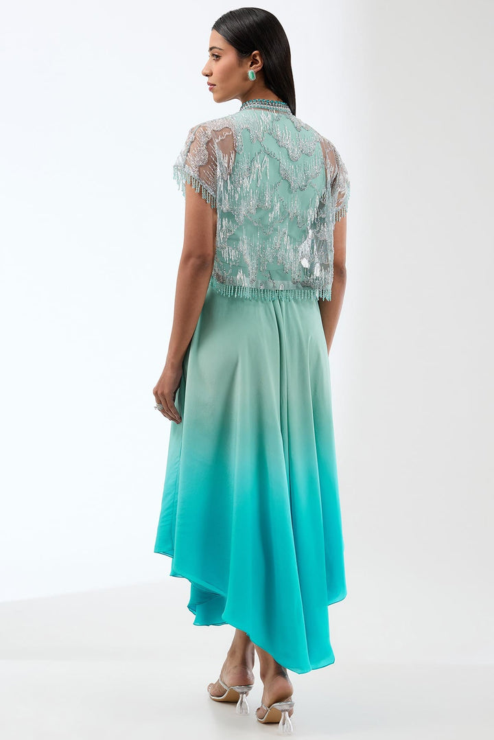 Ombre Asymetric Dress In Silk Crepe With Heavily Embroidered Short Cape