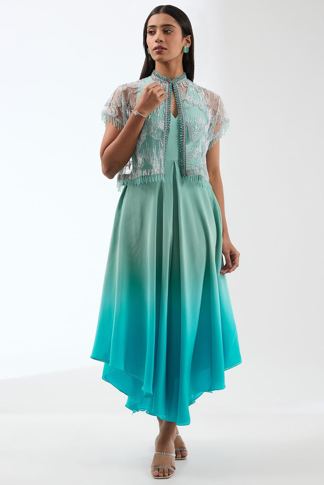 Ombre Asymetric Dress In Silk Crepe With Heavily Embroidered Short Cape