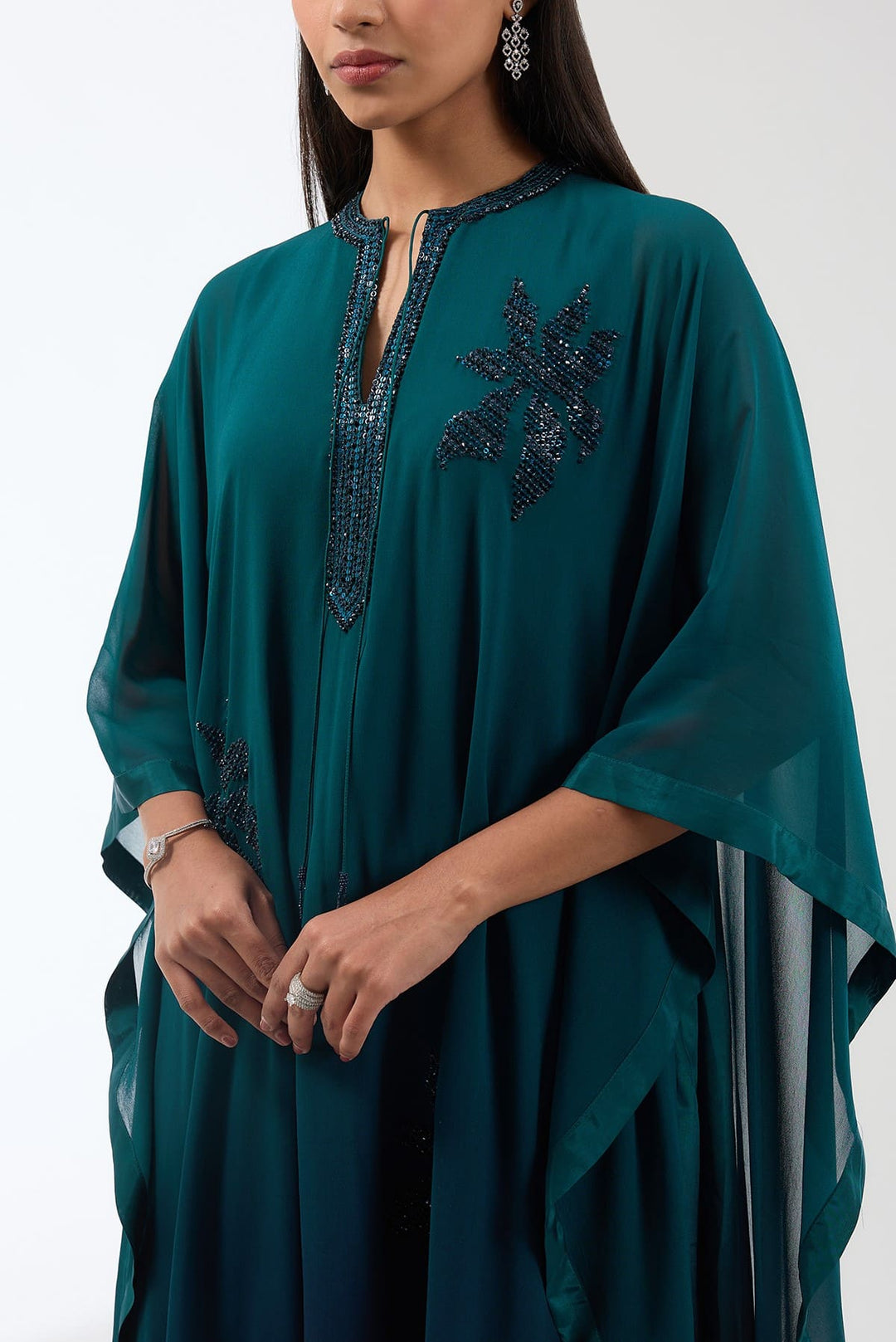 Embroidered Ombre Kaftan With Trousers Set