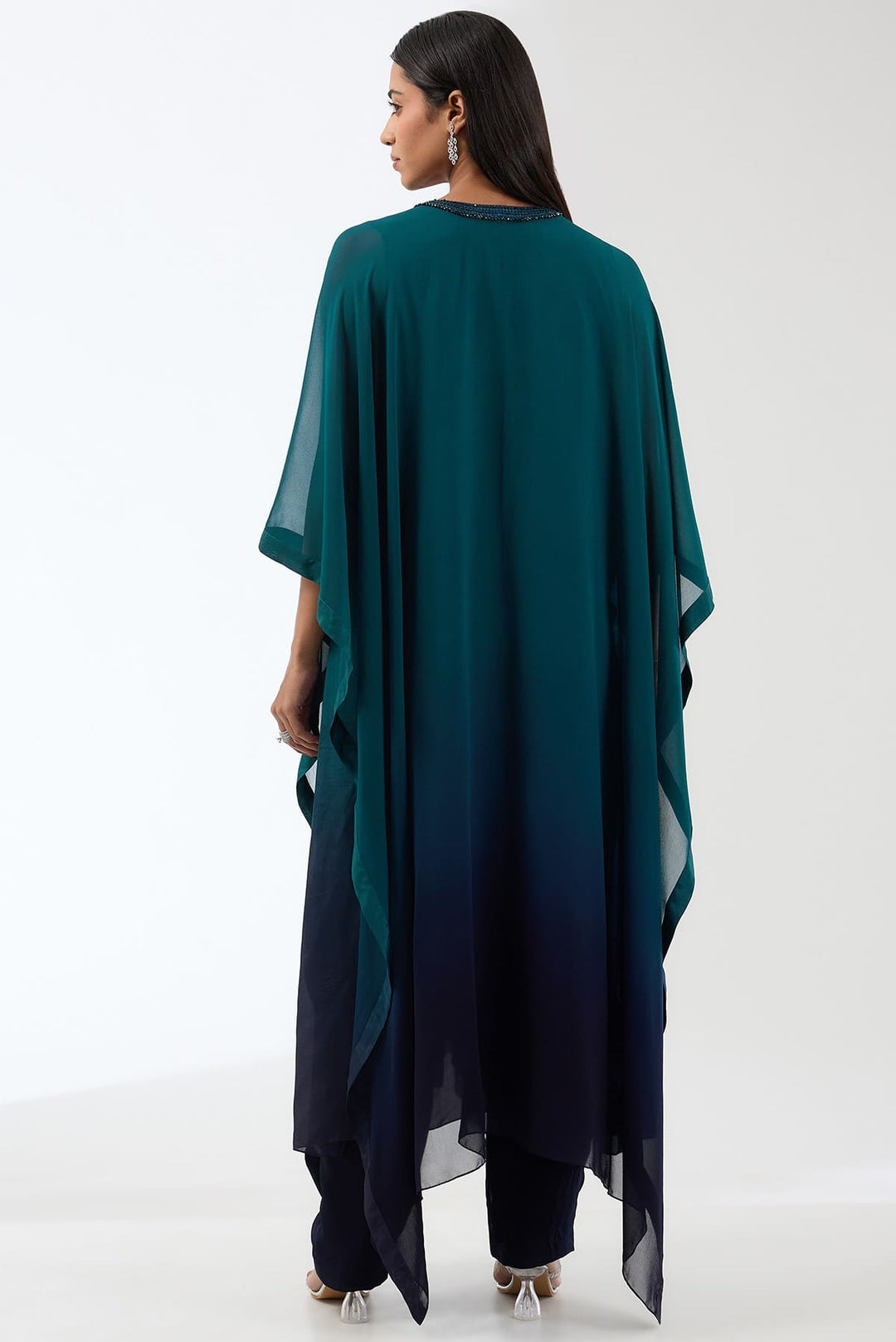 Embroidered Ombre Kaftan With Trousers Set