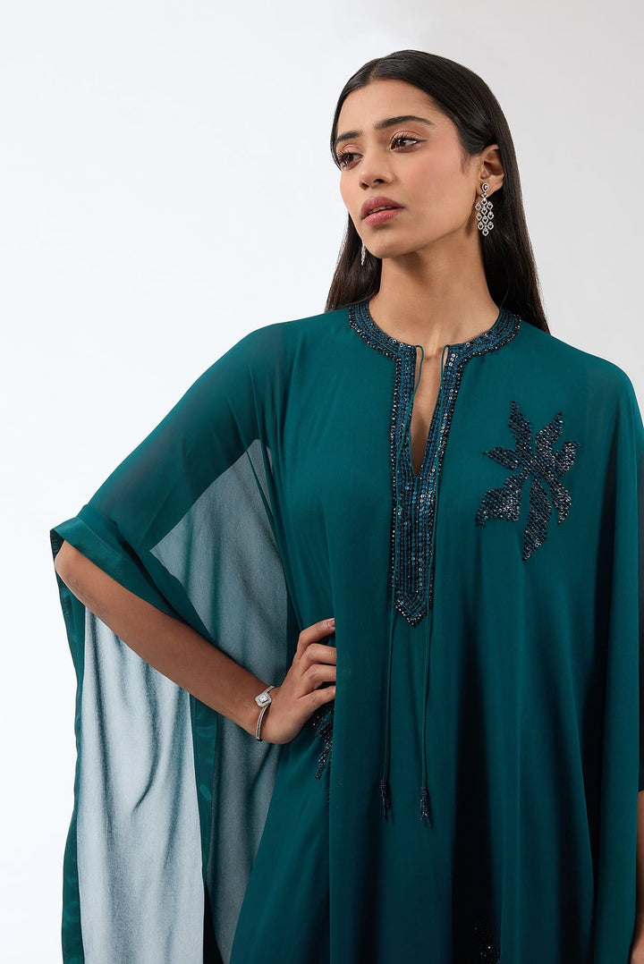 Embroidered Ombre Kaftan With Trousers Set