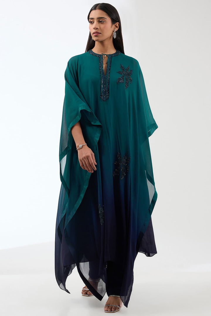 Embroidered Ombre Kaftan With Trousers Set