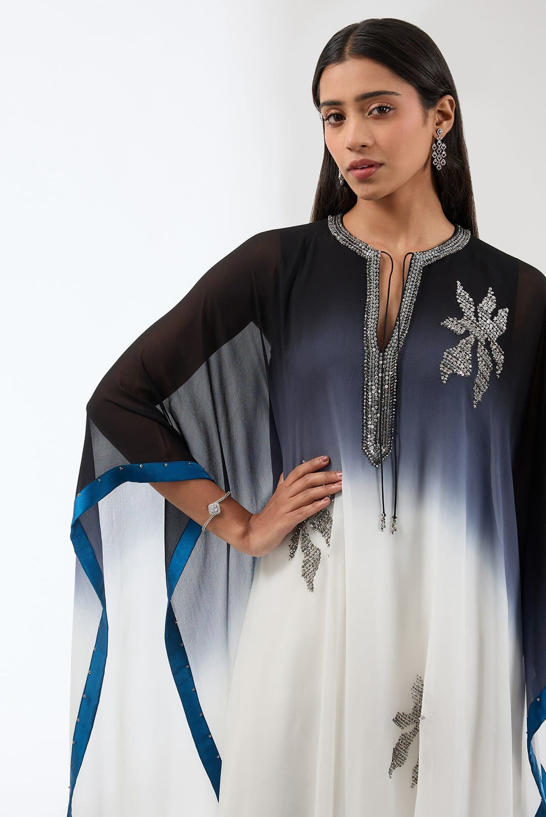 Embroidered Ombre Kaftan With Trousers Set