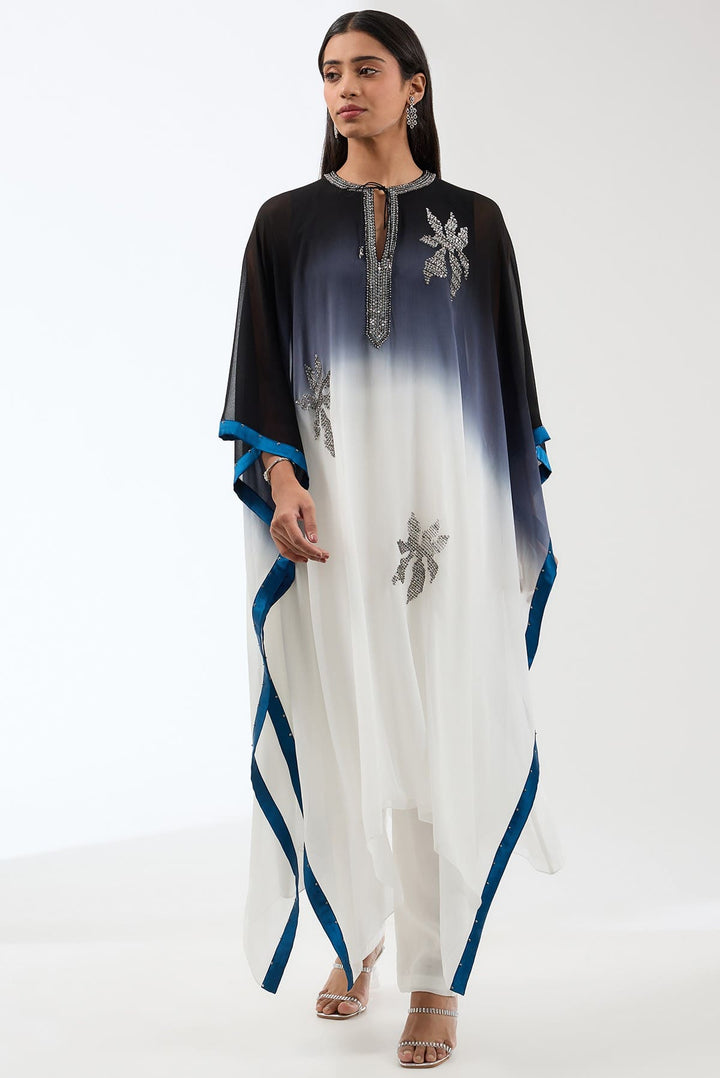 Embroidered Ombre Kaftan With Trousers Set