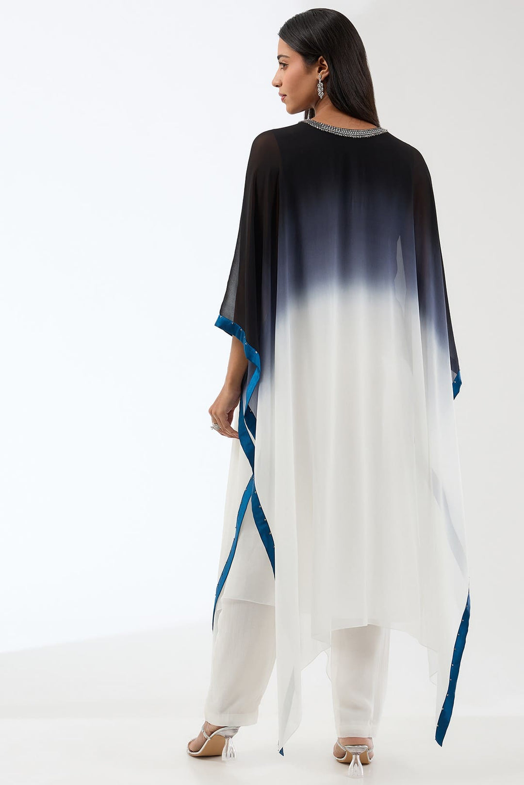 Embroidered Ombre Kaftan With Trousers Set