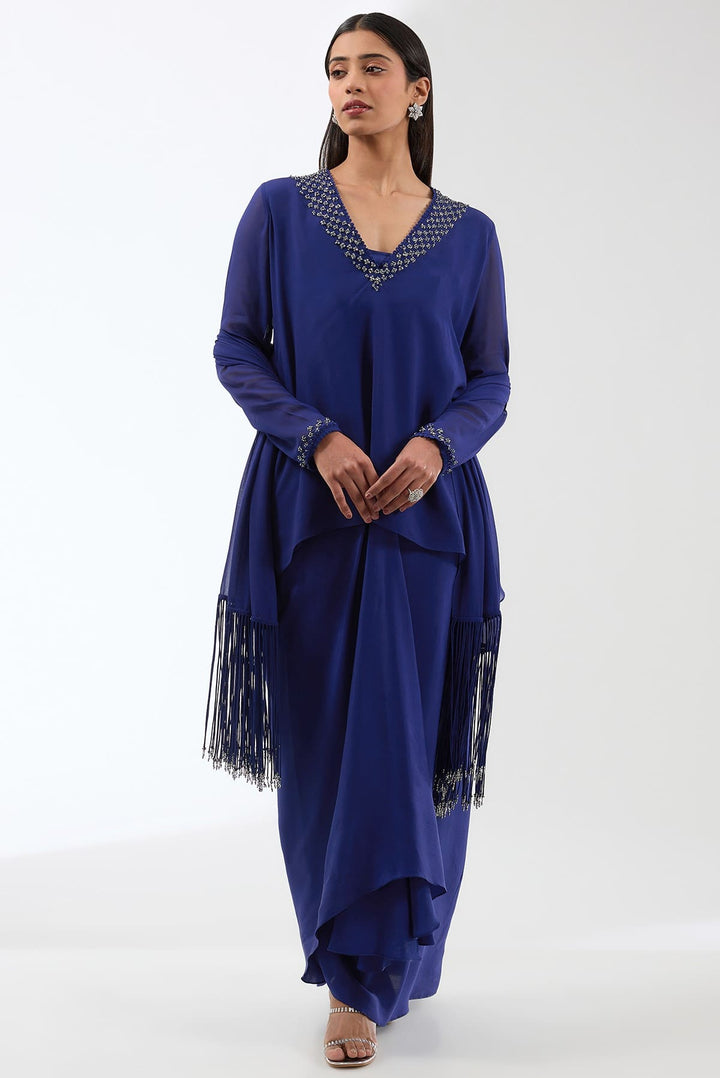 Embroiderd Short Kurti With Deape Skirt And Beaded Tassel Stole