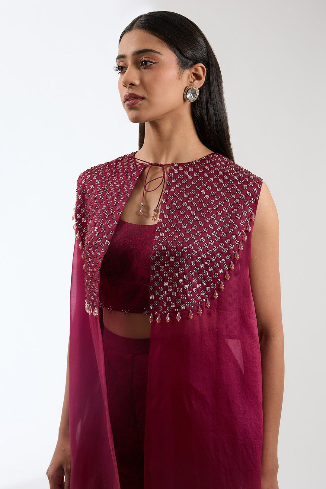 Embroidered Silk Ombre Cape With Printed Trousers And Bustier Set