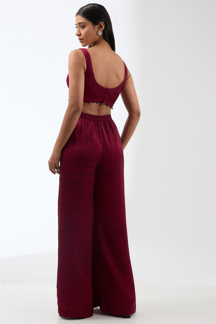 Embroidered Silk Ombre Cape With Printed Trousers And Bustier Set