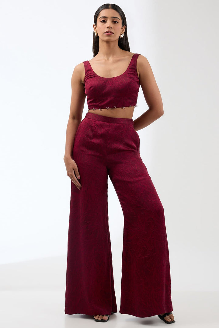 Embroidered Silk Ombre Cape With Printed Trousers And Bustier Set