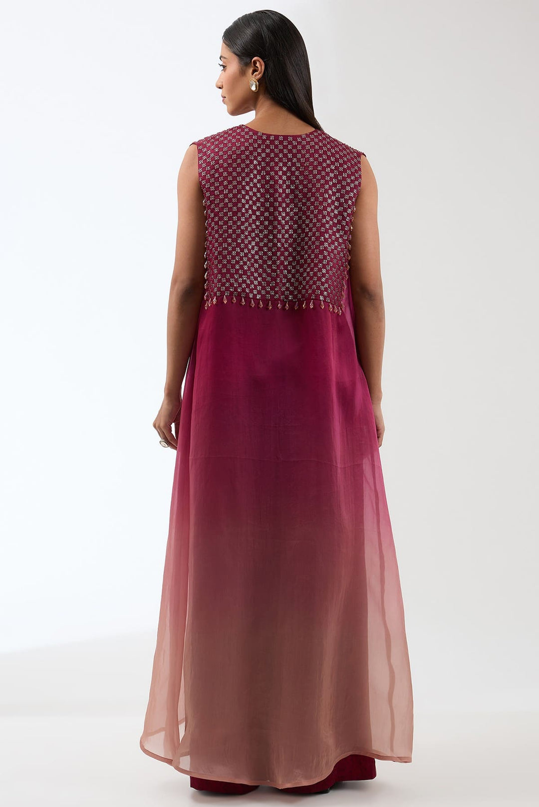 Embroidered Silk Ombre Cape With Printed Trousers And Bustier Set