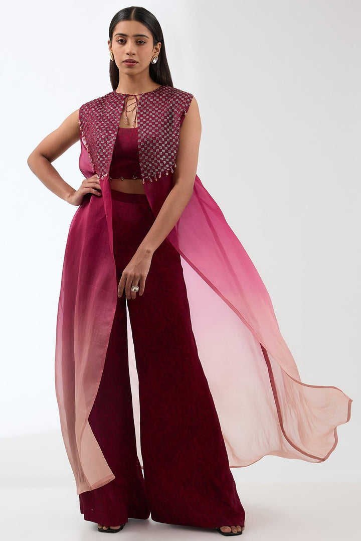 Embroidered Silk Ombre Cape With Printed Trousers And Bustier Set