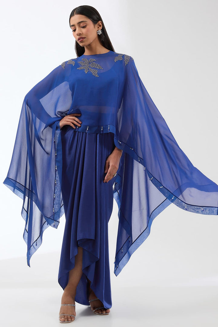 Embroiderd Cape With Drape Skirt And Bustier Set