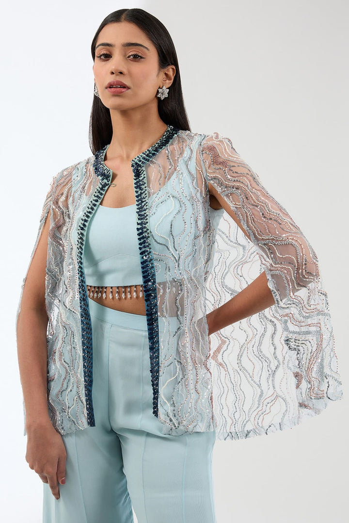 Heavily Embroidered Long Jacket With Bustier And Flowy Trousers