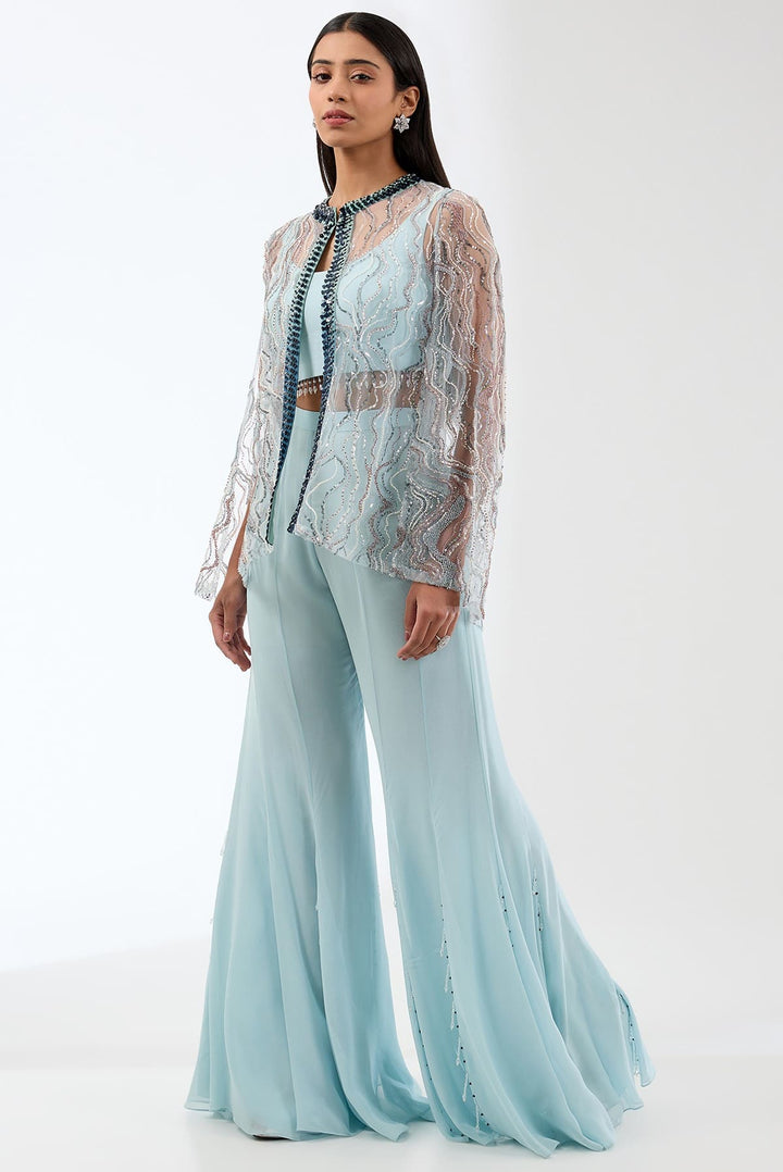 Heavily Embroidered Long Jacket With Bustier And Flowy Trousers