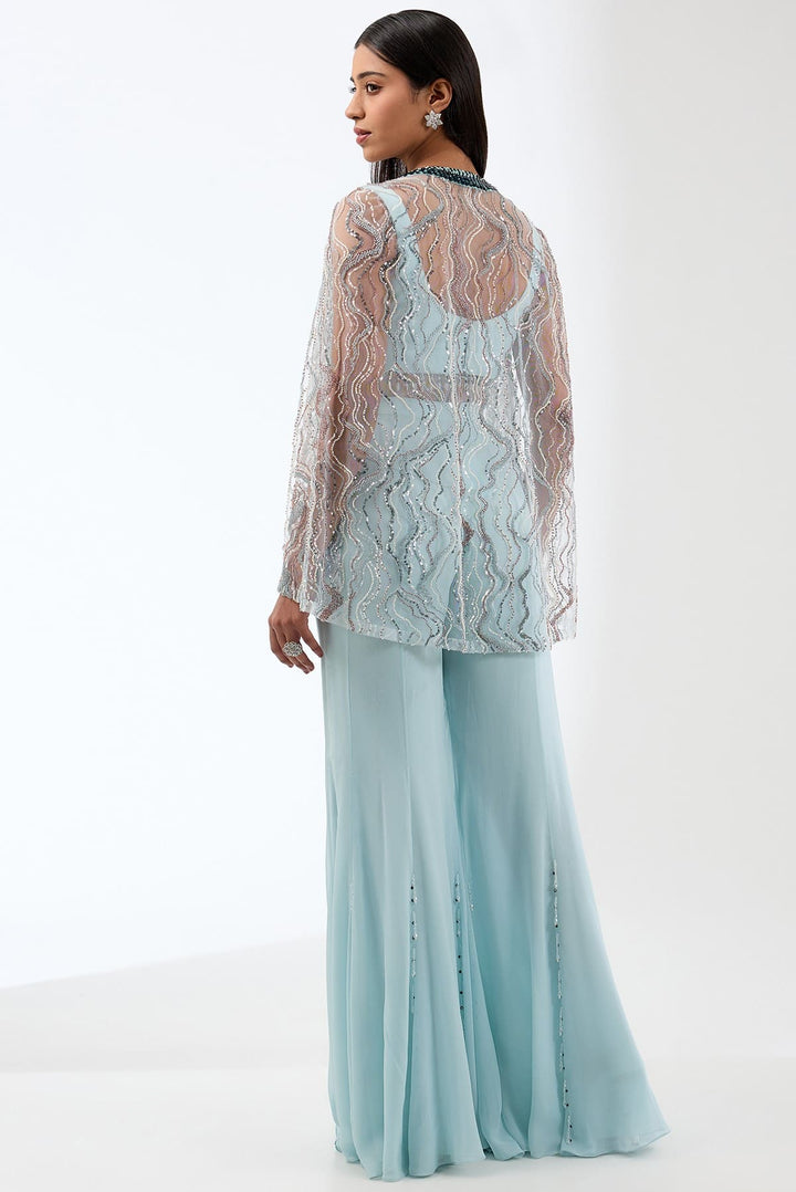 Heavily Embroidered Long Jacket With Bustier And Flowy Trousers