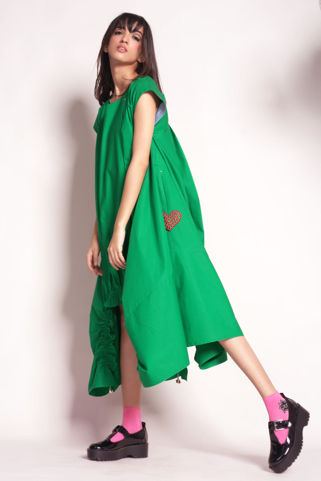 Maxi dress with U-shape ruched detail with cord