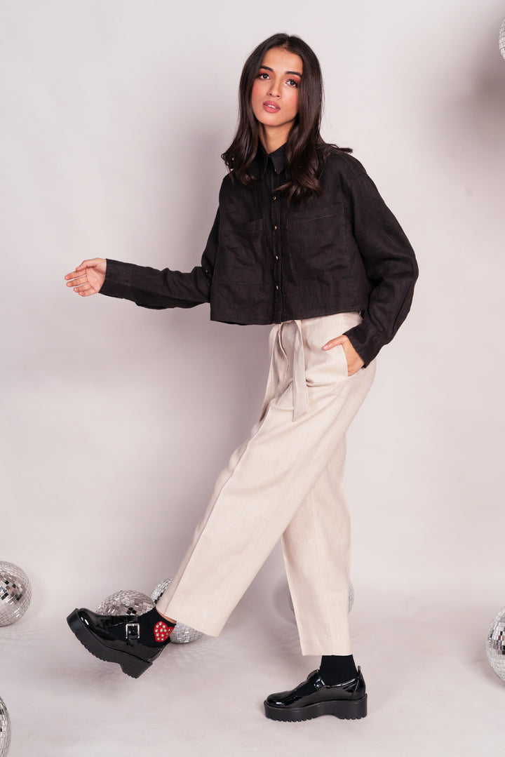 Straight cut linen trousers with front tie belt