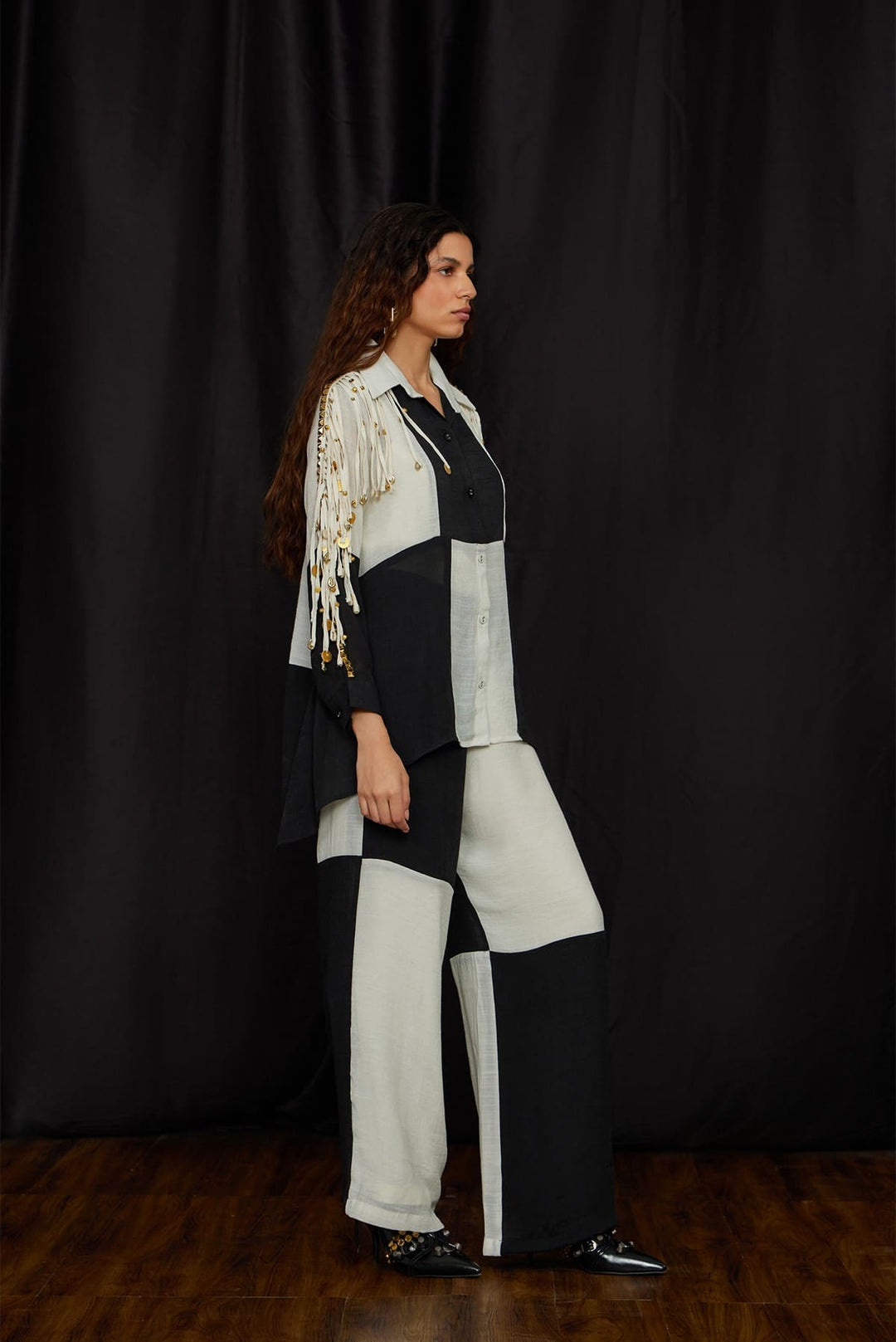 Black & White Panelled Jhalar Shirt Set