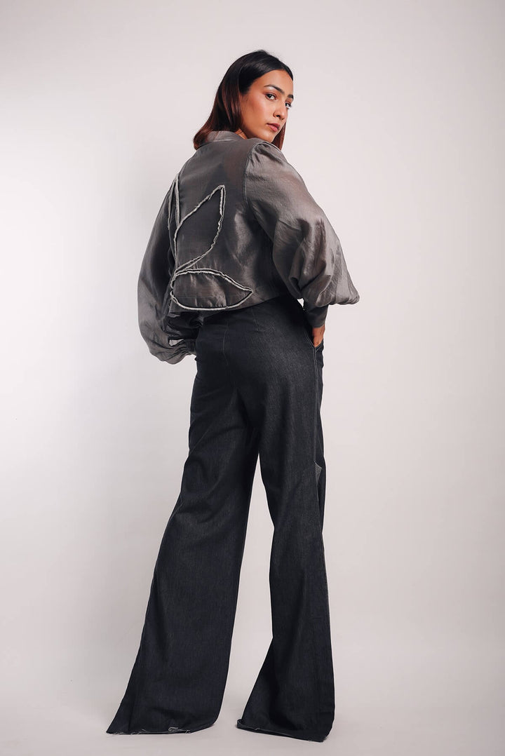 Grey Crop Saree Shirt Pants Set