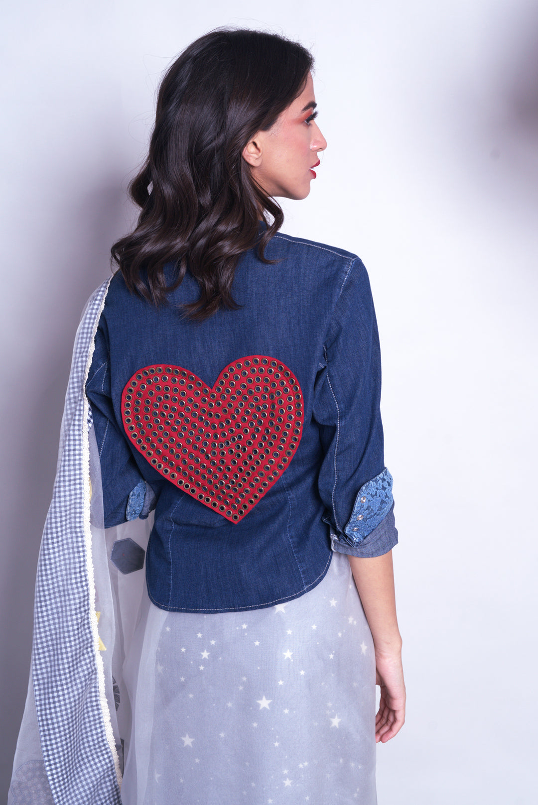 Denim shirt with large handmade heart studded details on the back