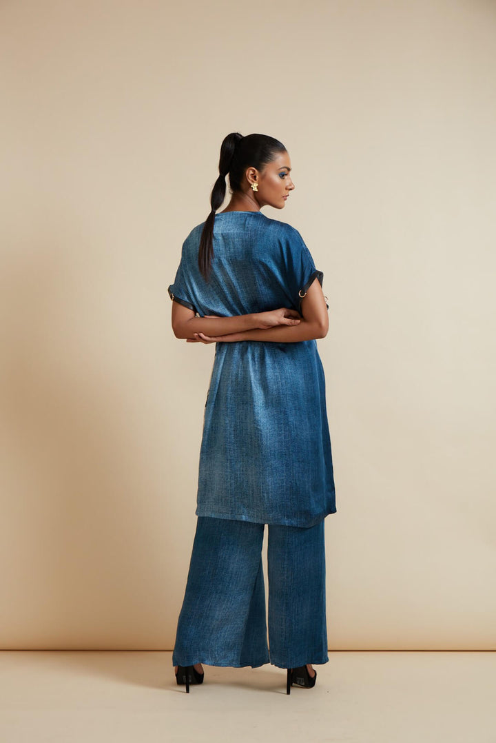 Alvina Statement Zip- up shift tunic with inverted pants in denim fabric
