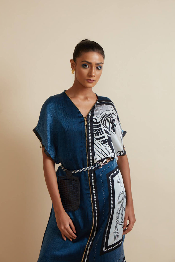 Alvina Statement Zip- up shift tunic with inverted pants in denim fabric