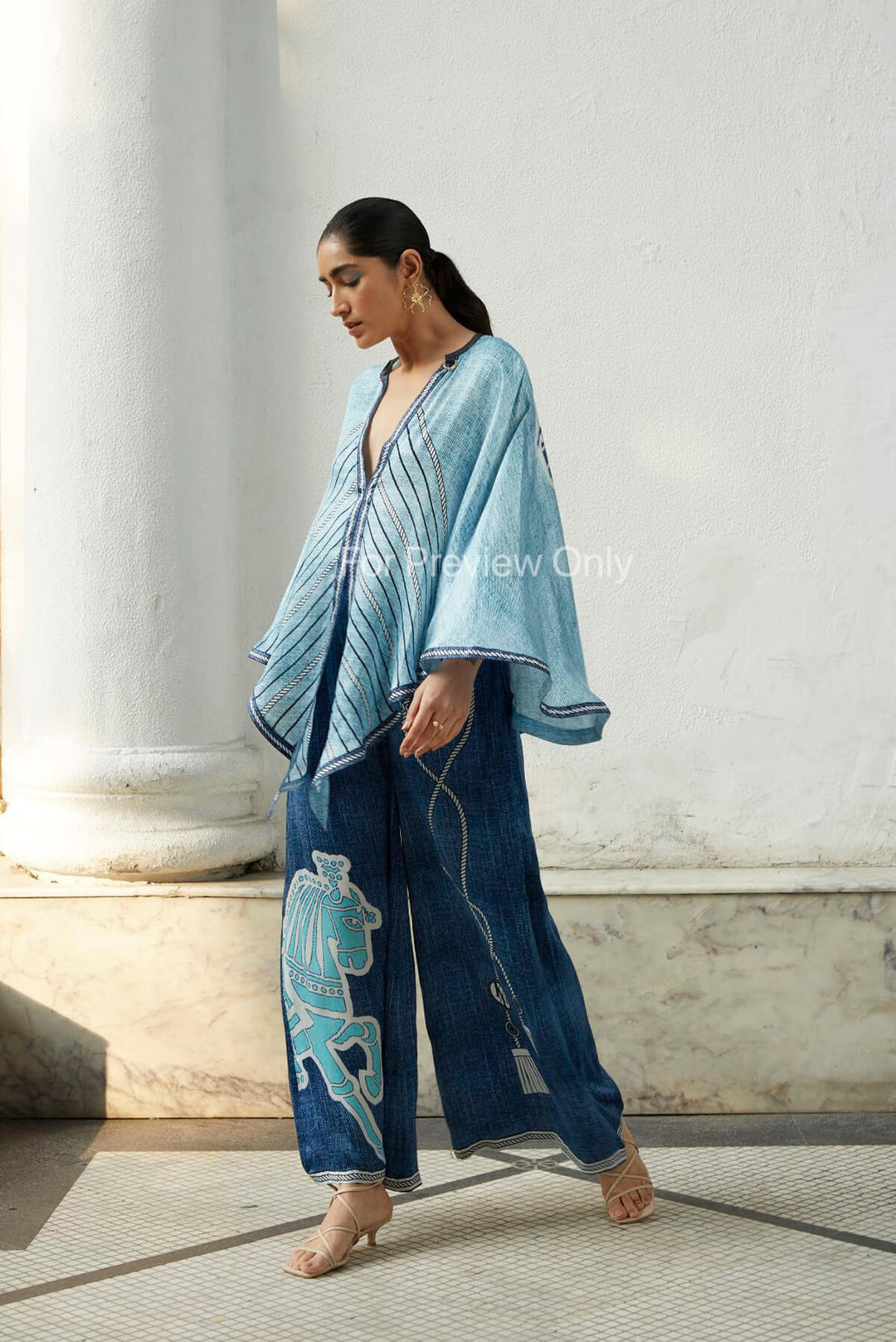 Aisha statement deep-neck cape top in denim print fabric with coordinate pants