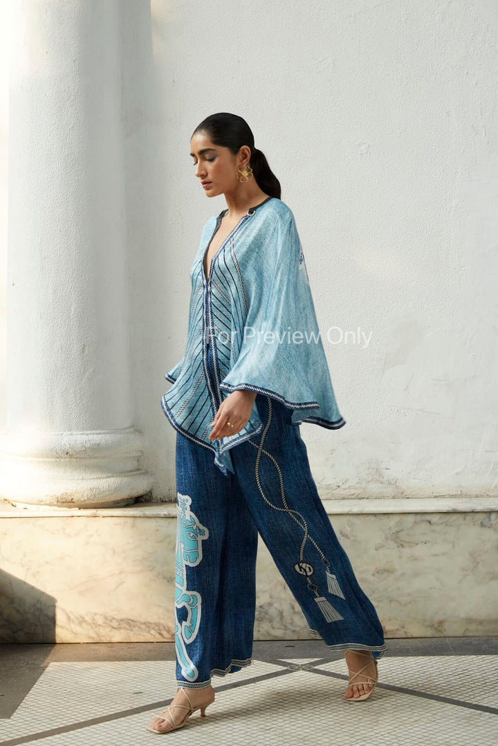 Aisha statement deep-neck cape top in denim print fabric with coordinate pants