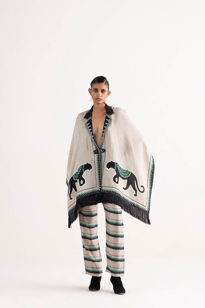 Niara statement deep-neck, shawl overlay with striped pants
