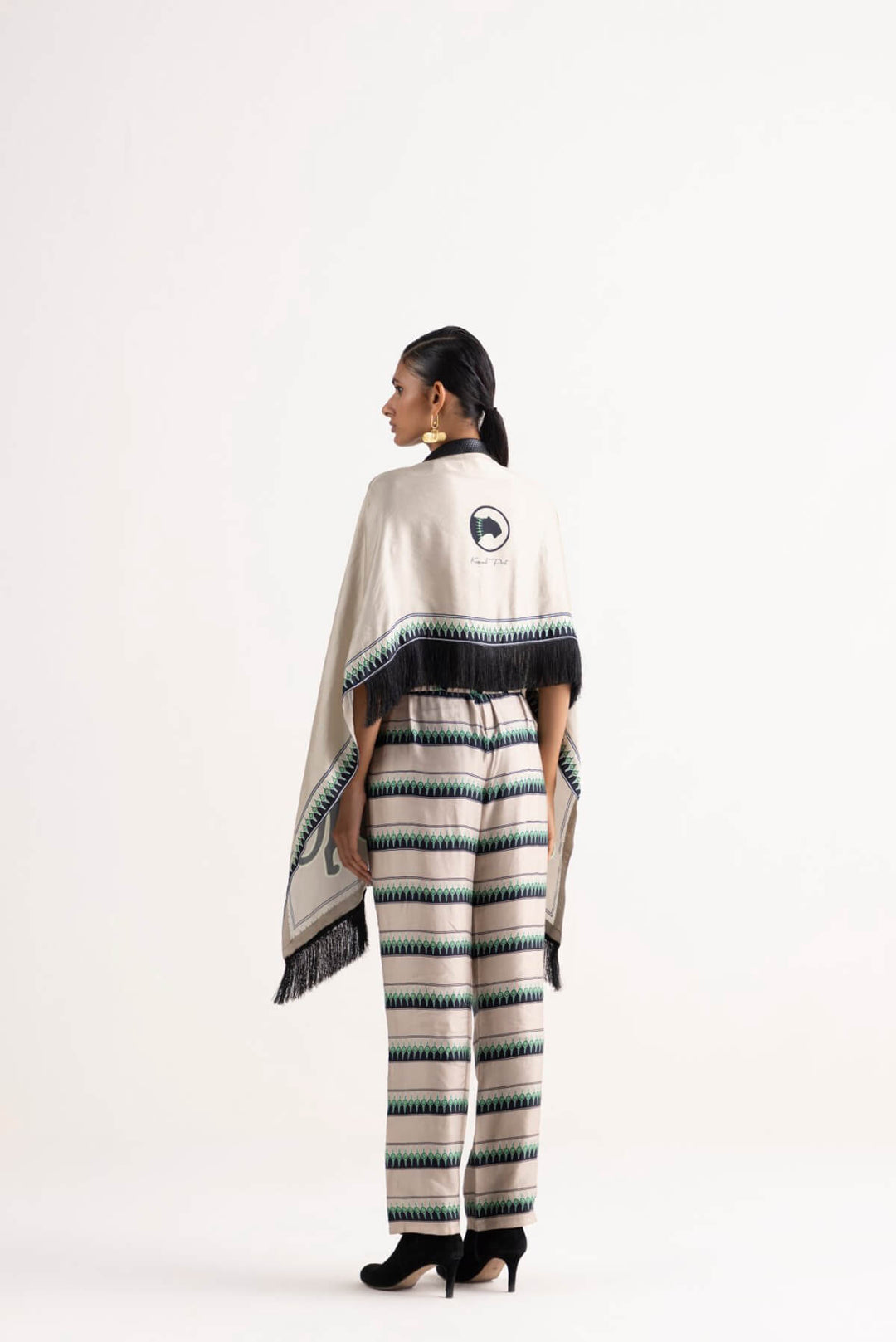 Niara statement deep-neck, shawl overlay with striped pants