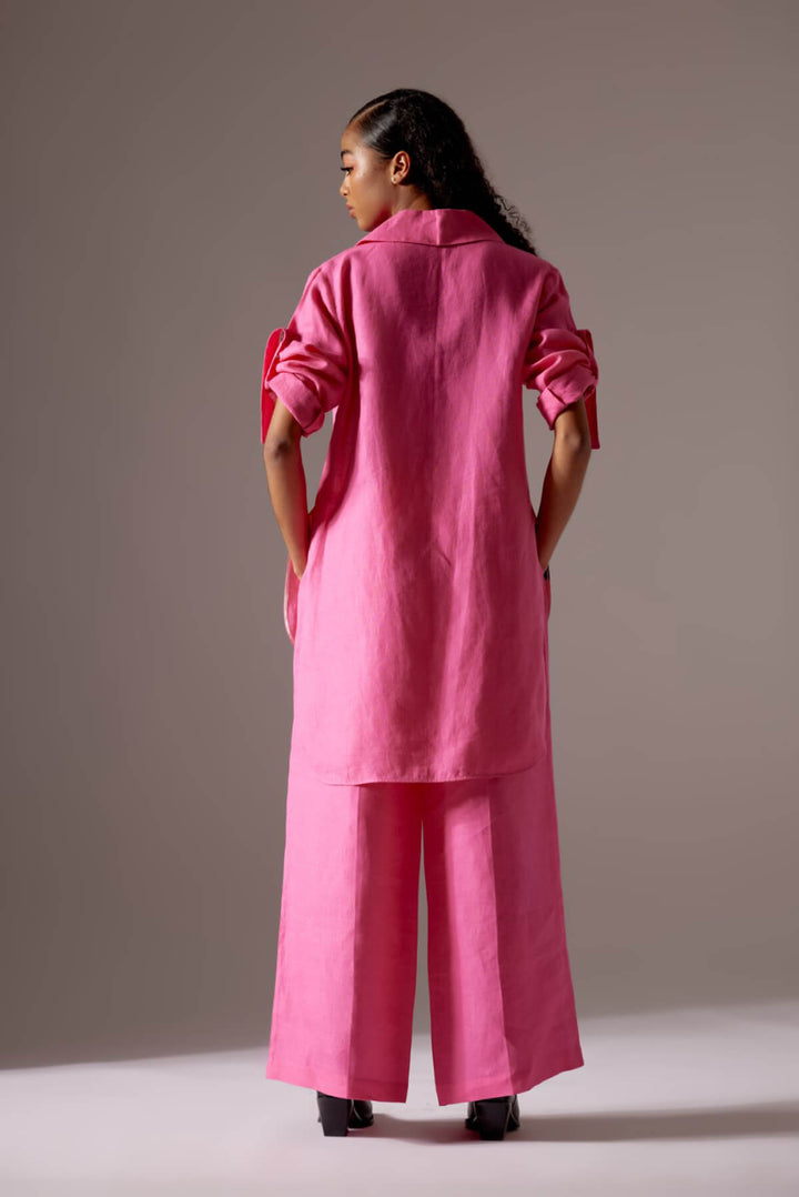 Pink Linen Lines Shirt Fit Jacket Co-ord