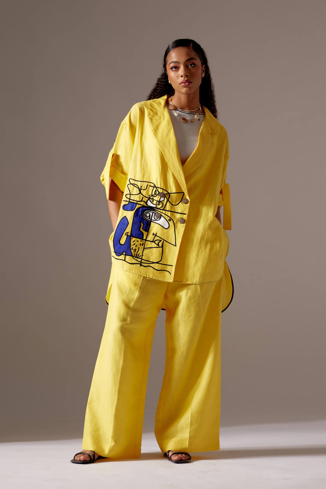 Yellow Linen Face Oversized Jacket Co-ord
