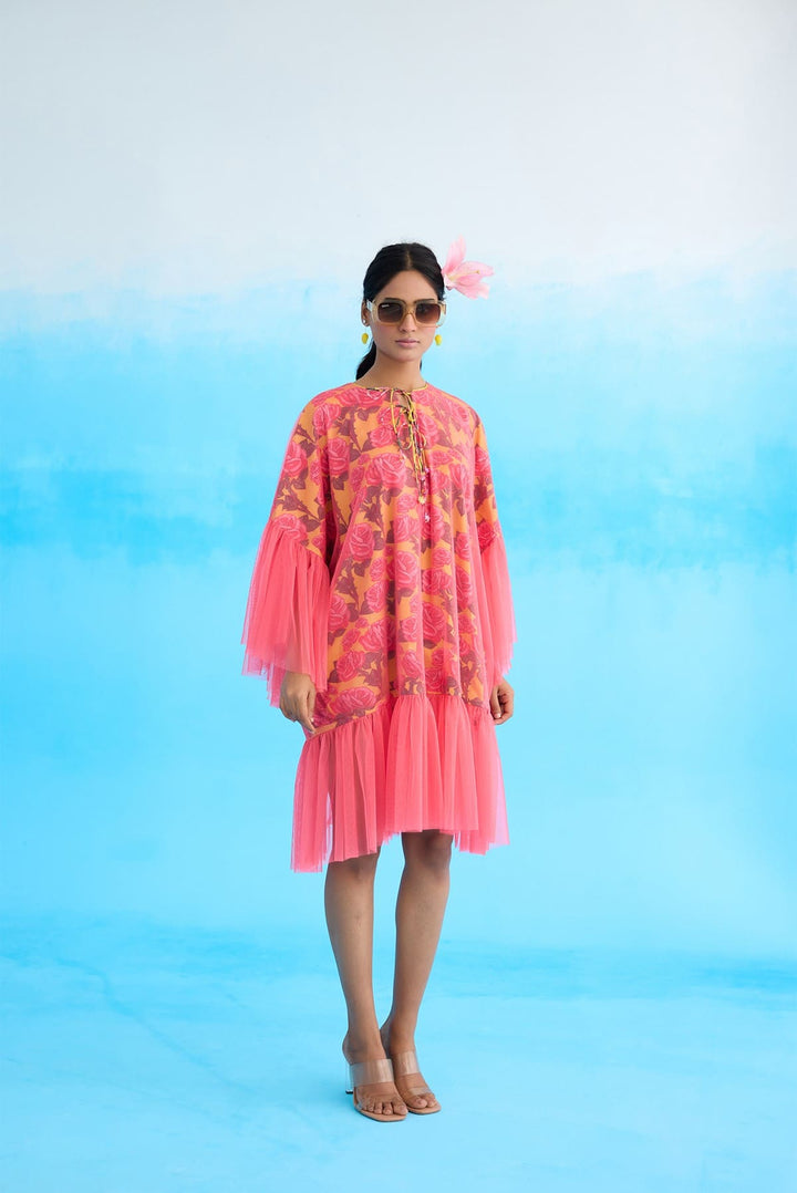 Mithai pink rose printed frill dress