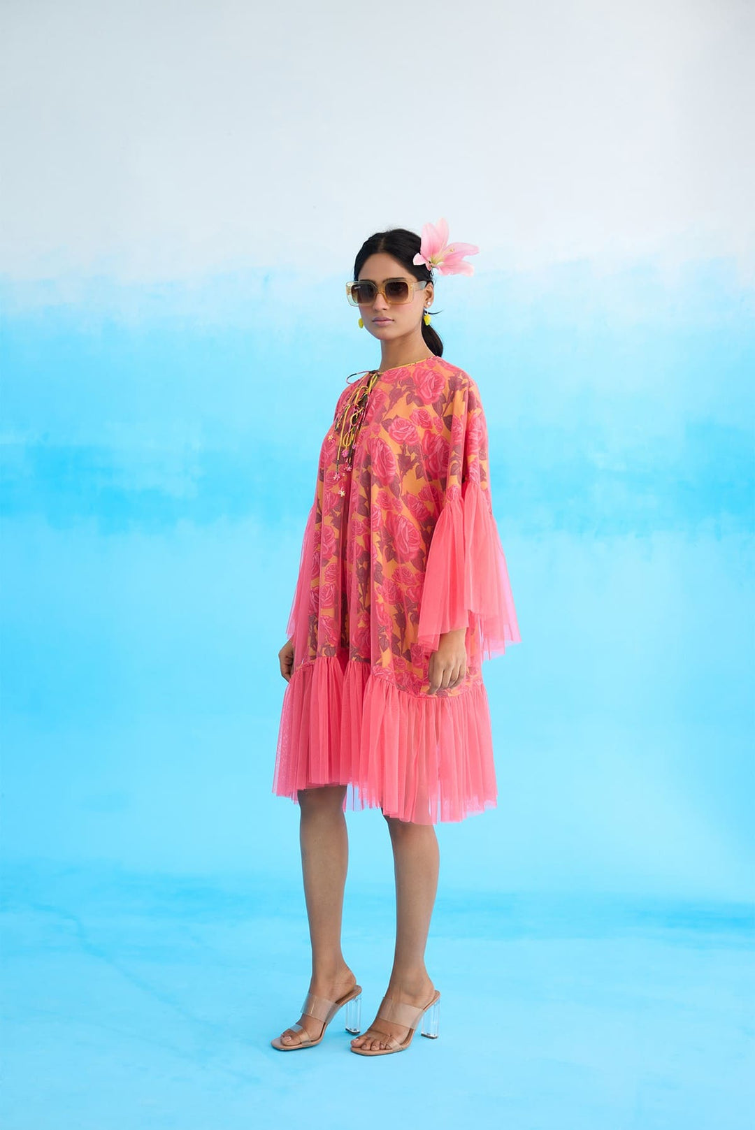 Mithai pink rose printed frill dress