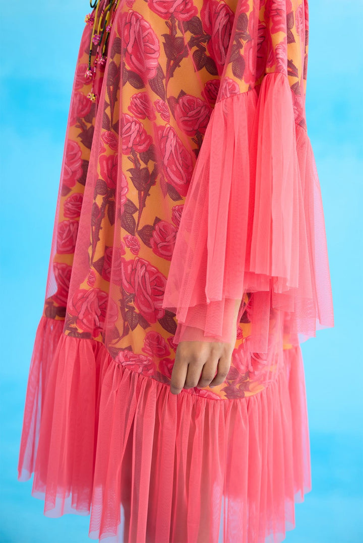 Mithai pink rose printed frill dress