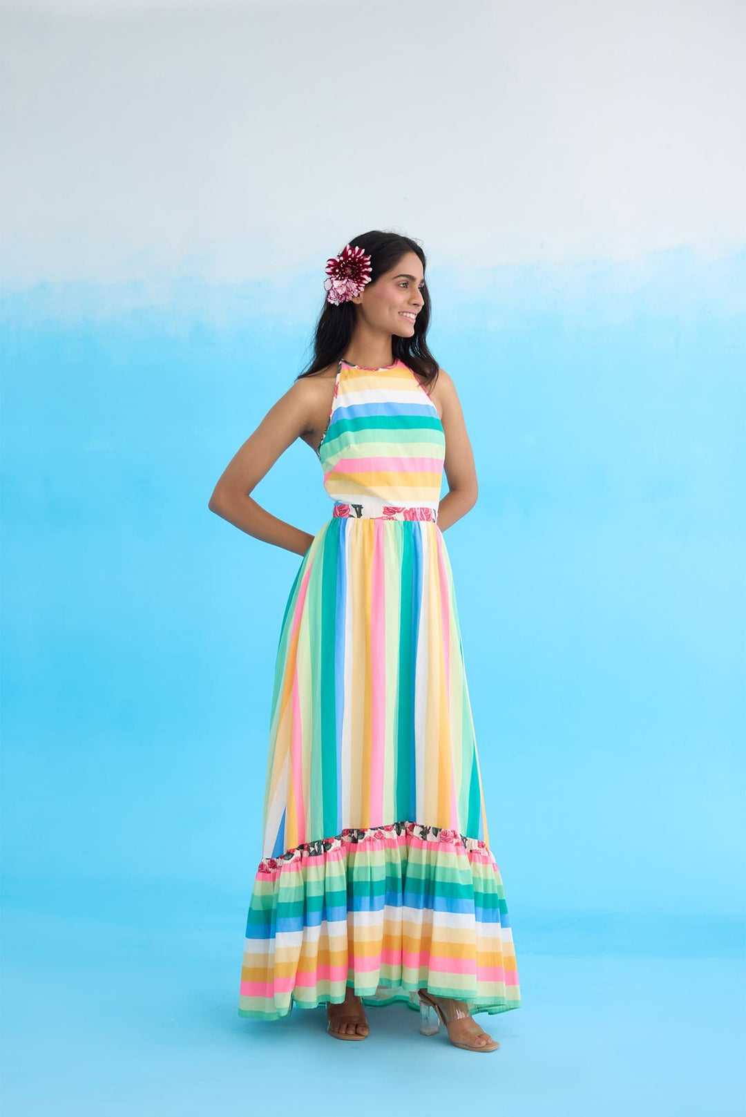Rainbow stripes halter maxi dress