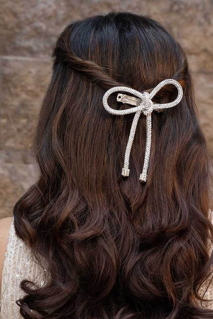 Crystal Hair Bow Barrette Clip - Silver